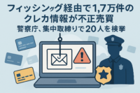 以下テキストに沿ったWordPressのアイキャッチ画像を作成してください なお、以下に注意してください ・Googleアドセンスのポリシーに抵触しない形 ・イラスト調 依頼 フィッシング経由で1.7万件のクレカ情報が不正売買、警察庁、集中取締りで20人を検挙