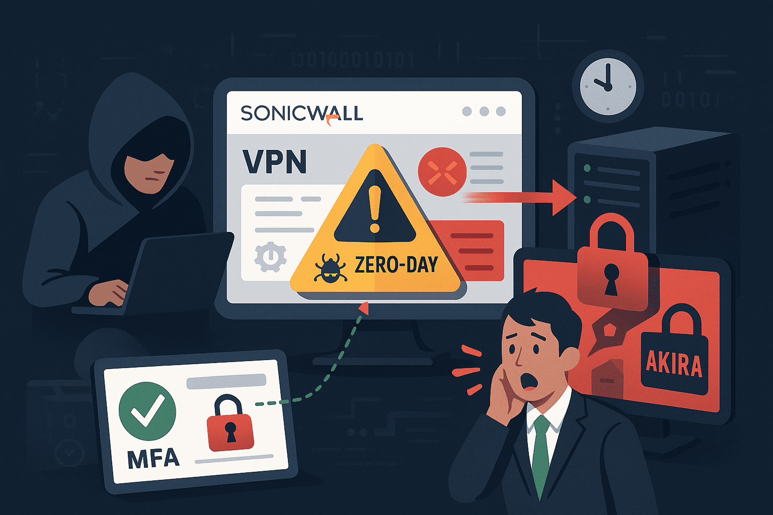 SonicWall VPNにゼロデイ攻撃、Akiraランサムウェアが数時間以内に展開 ― MFAを回避してドメイン支配も