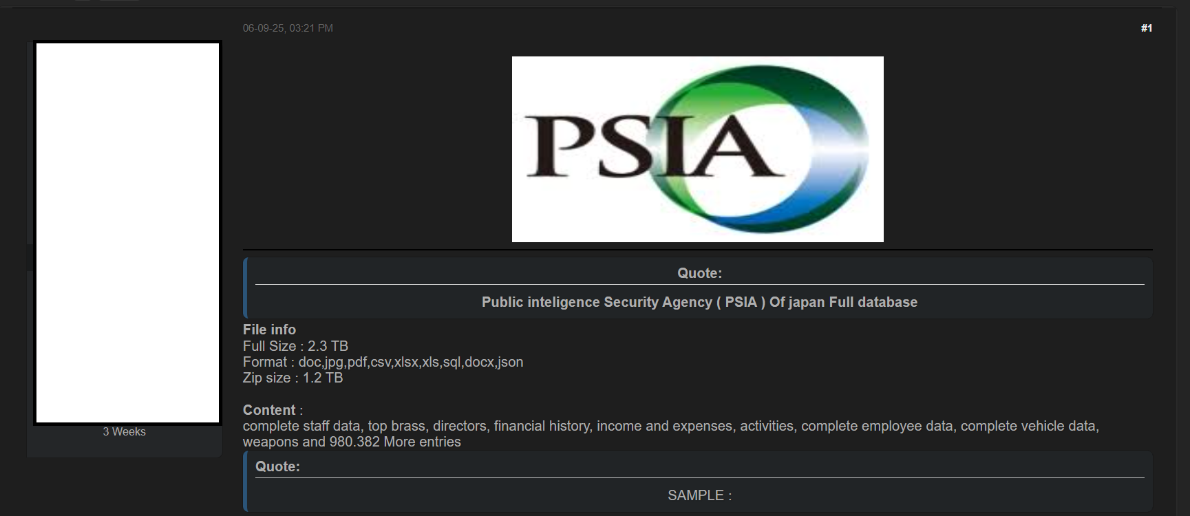 ハッカーが日本の公安調査庁(PSIA)へ不正アクセスと情報窃取を主張