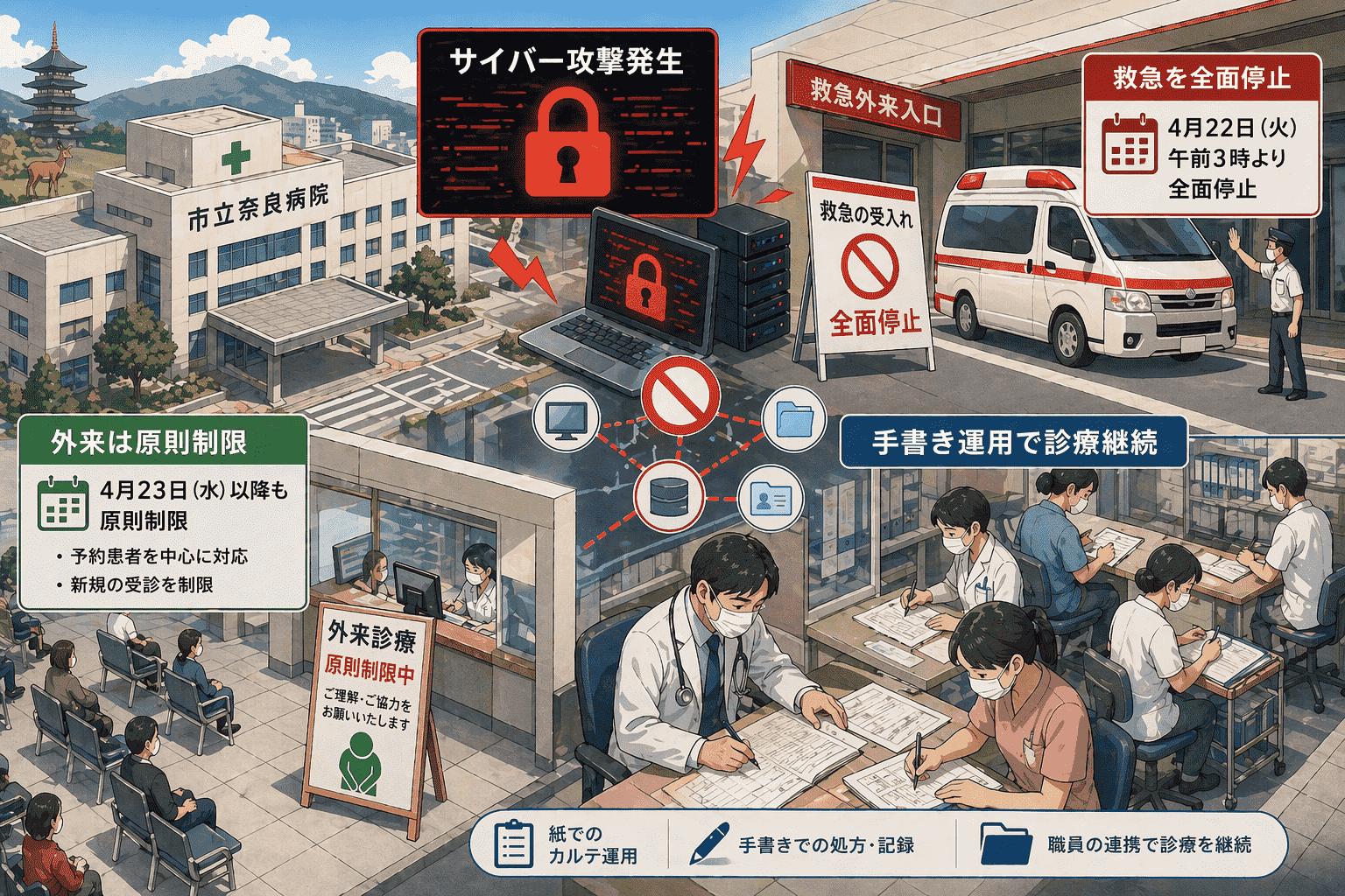 市立奈良病院、サイバー攻撃で救急を4月22日午前3時より全面 停止