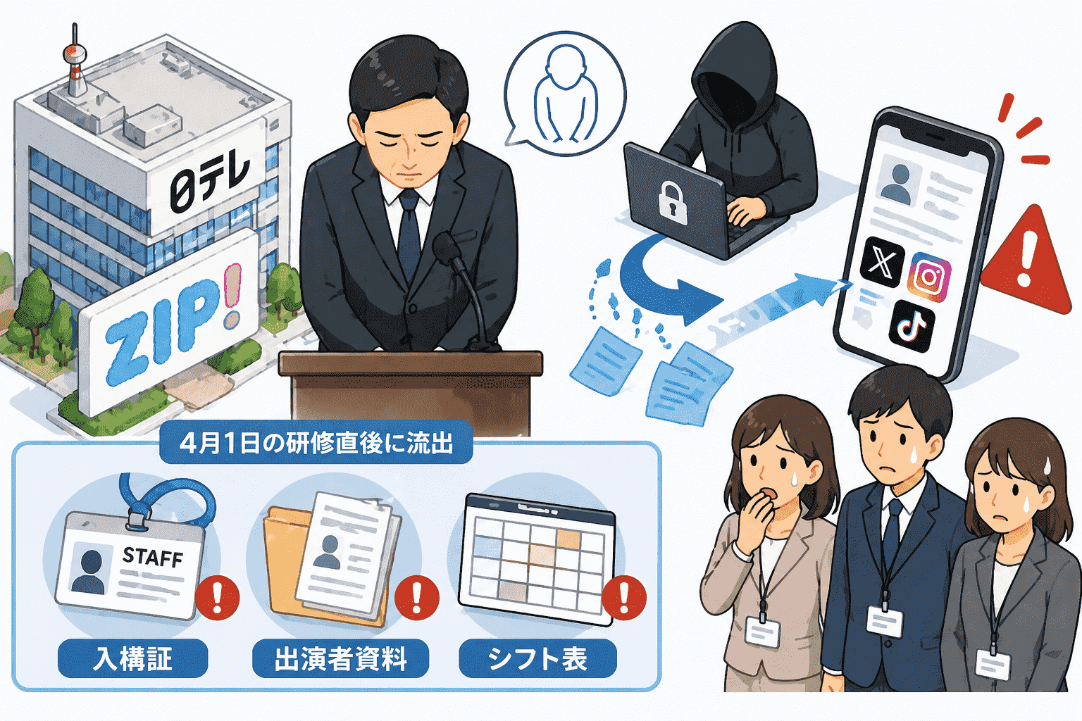 日テレ社長、「ZIP！」新人スタッフのSNS情報漏洩を謝罪-4月1日の研修