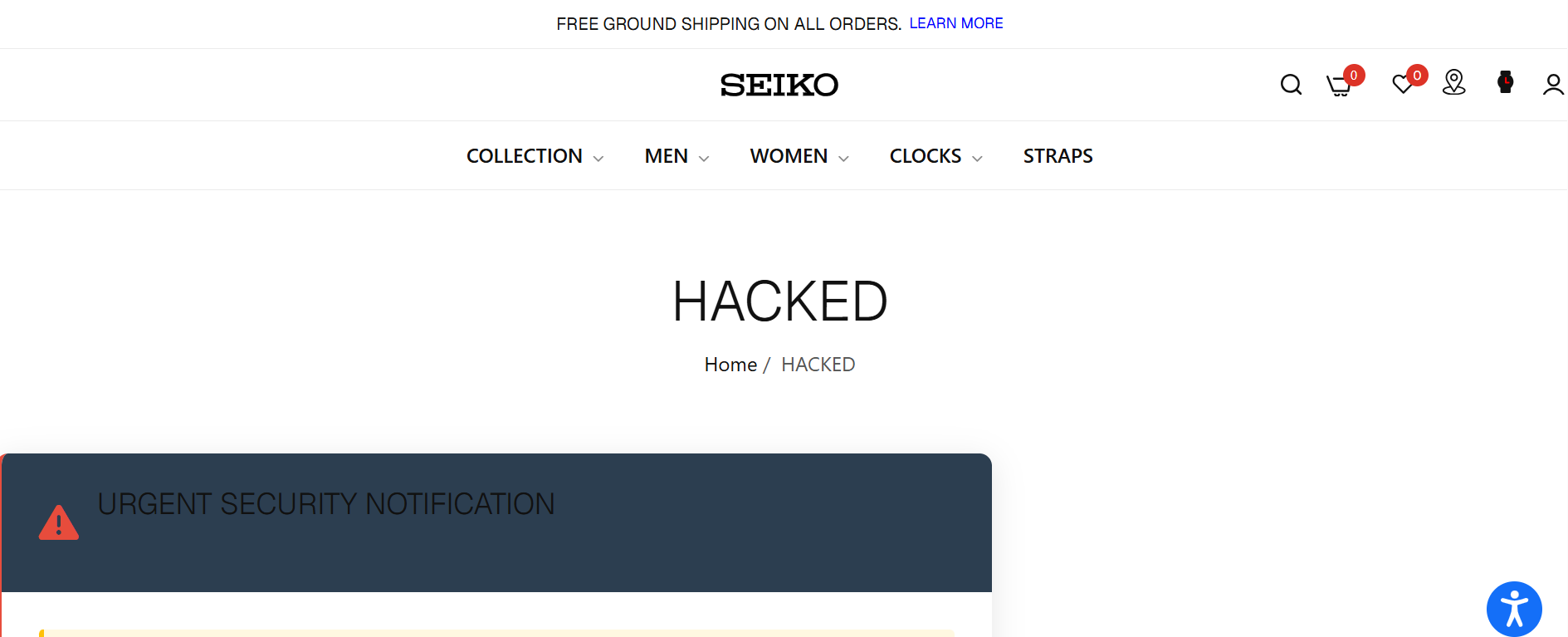 セイコー　USA 系サイト seikousa.com の一部ページが改ざん　顧客情報窃取を示唆する脅迫文を確認
