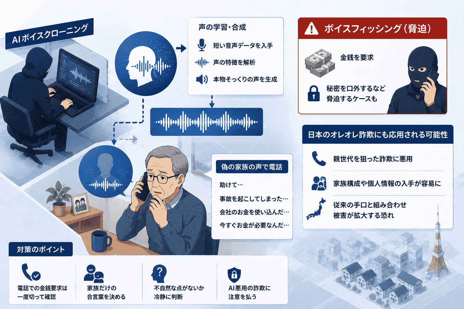 AI ボイス クローニングを用いたボイスフィッシングで家族の声を偽装し脅迫—日本のオレオレ詐欺にも応用される可能性