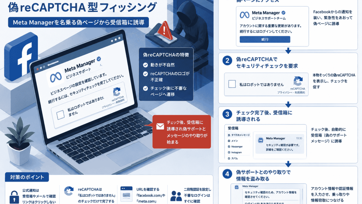Facebookビジネスページに偽reCAPTCHA型フィッシングーMeta Manegerを