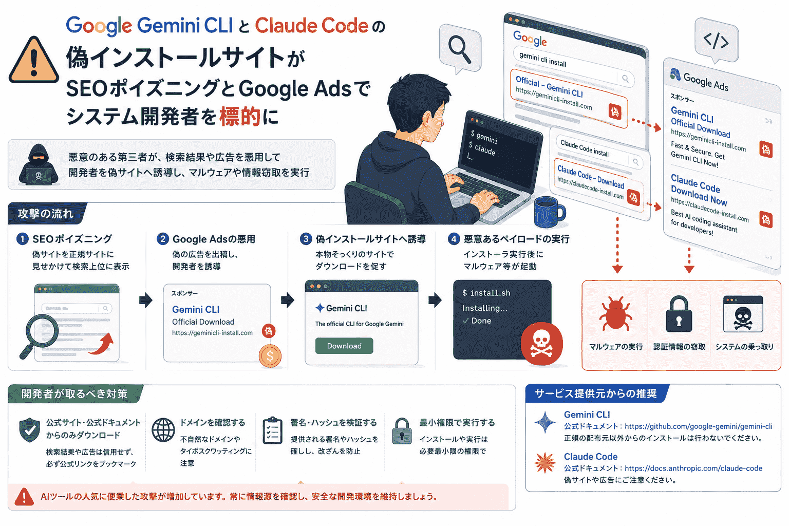 Google 動作異常なし Google Gemini CLIとClaude Codeの偽インストールサイトがSEO