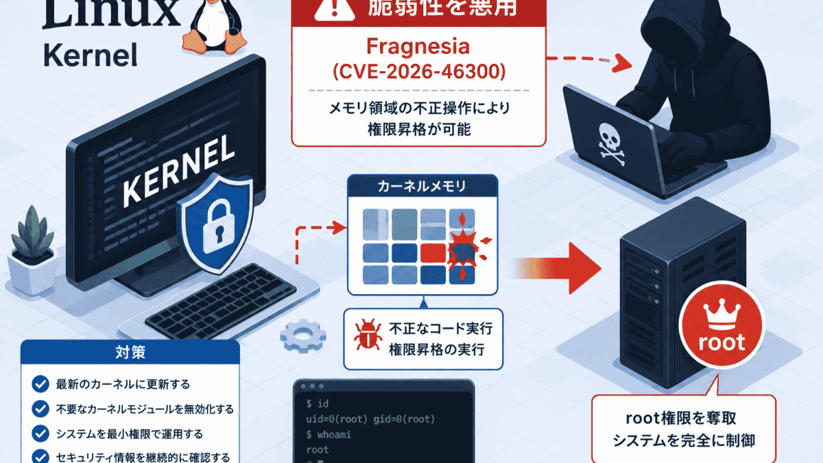 Linux カーネルの脆弱性 Fragnesia（CVE-2026-46300）でroot権限奪取が