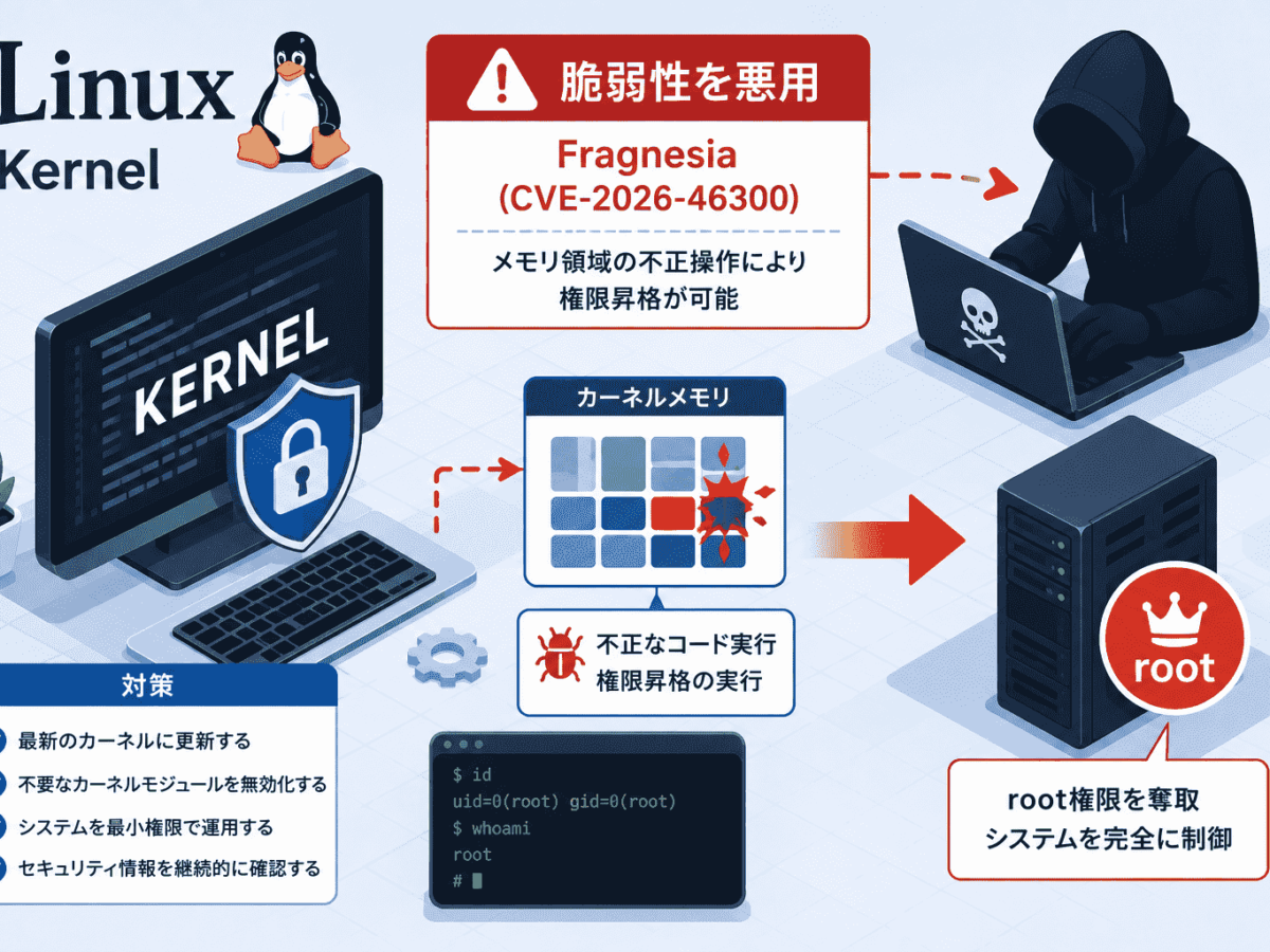 Linux カーネルの脆弱性 Fragnesia（CVE-2026-46300）でroot権限奪取が