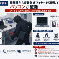 宮城県大郷町役場の税務課から盗難防止ワイヤーを切断してパソコンが盗難-ハードディスクに最大200件の個人情報が保存