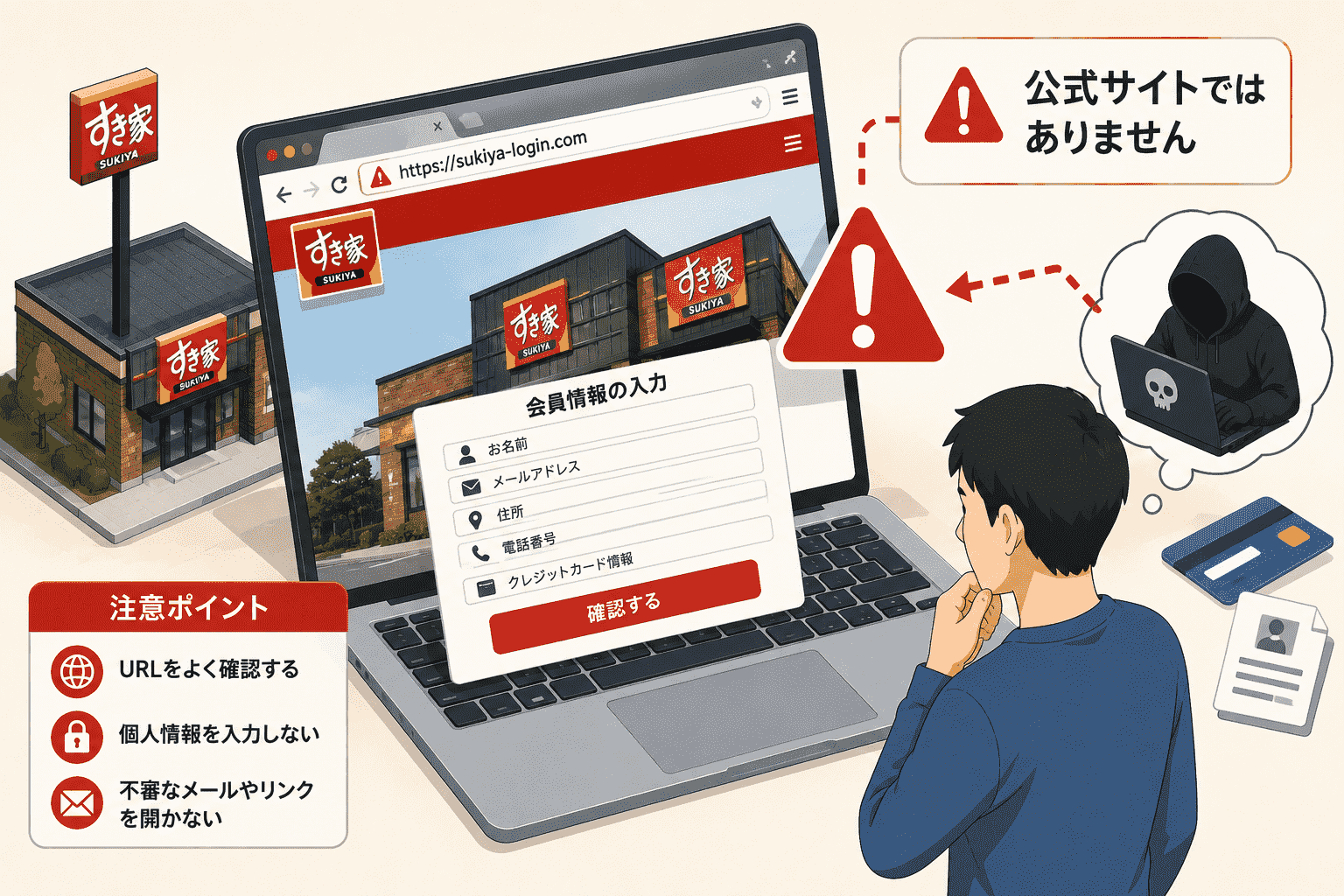すき家の公式サイトを装う偽サイトを確認、個人情報入力に注意喚起