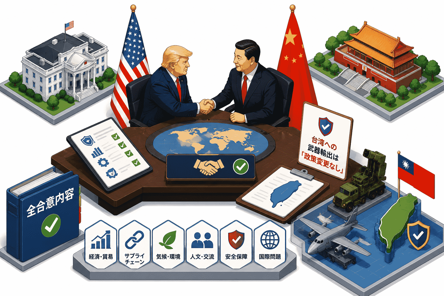 2026年5月 トランプ・習近平首脳会談の全合意内容ー台湾への武器輸出は「政策変更なし」