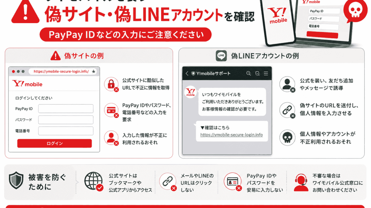 ワイモバイルを装う偽サイト・偽LINEアカウントを確認、PayPay IDなど 