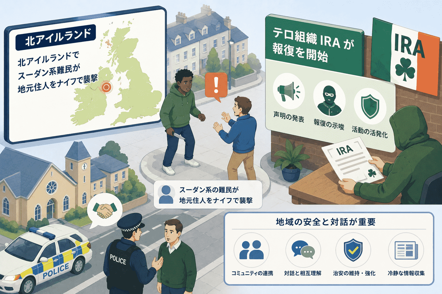 北アイルランドでスーダン系難民が地元住人をナイフで襲撃し大規模な暴動が発生-テロ組織 IRA が報復を開始
