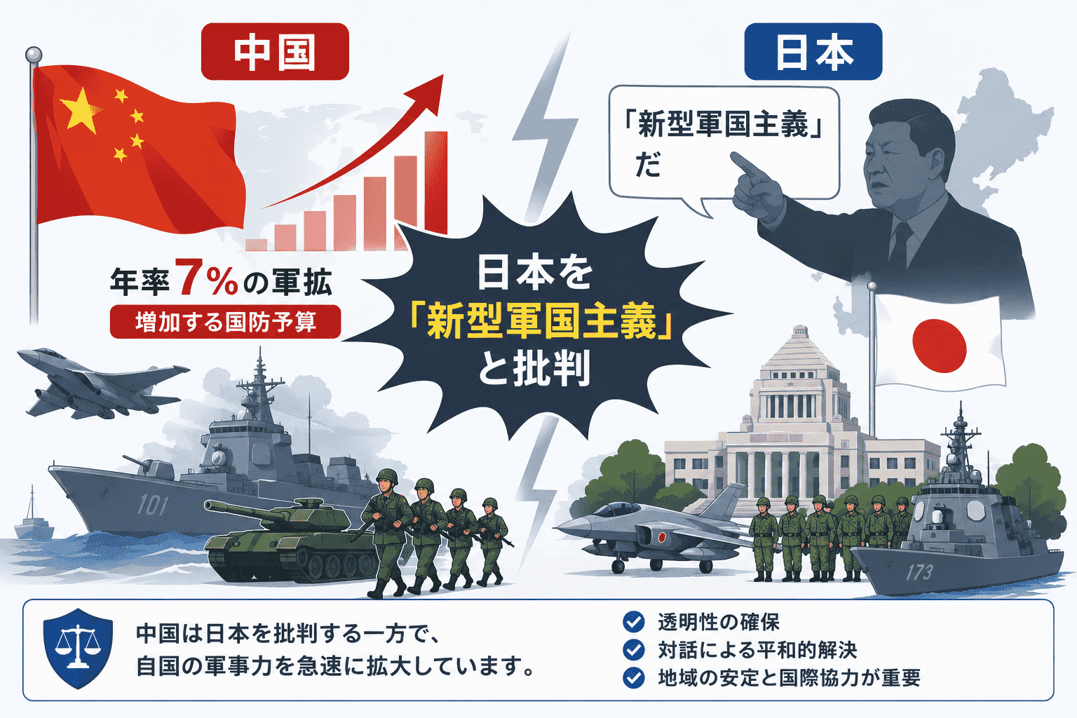 中国が日本を新型軍国主義と批判する一方で自国は年率7%の軍拡