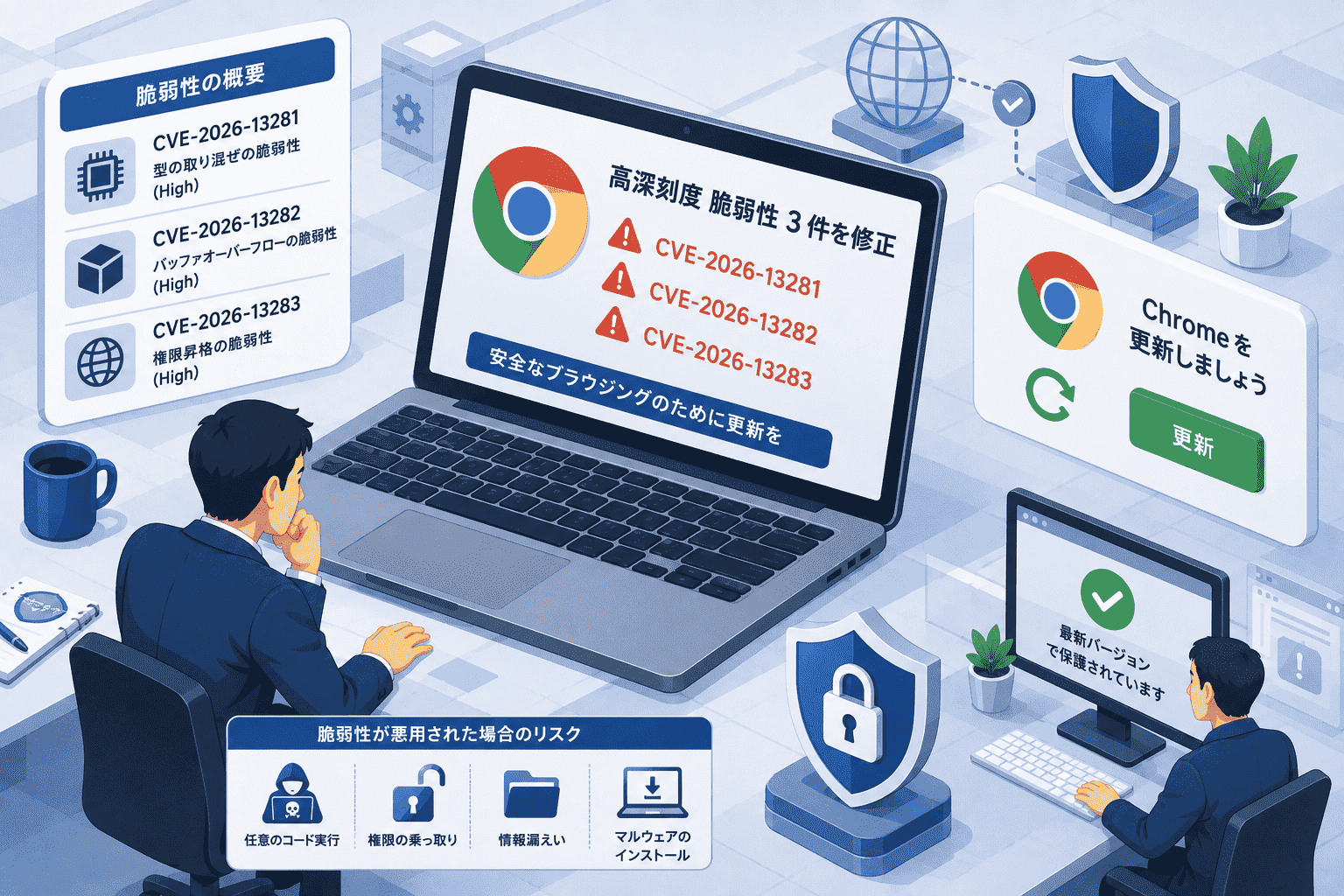 Google、Chromeの高深刻度 脆弱性3件を修正 CVE-2026-13281、CVE-2026-13282、CVE-2026-13283