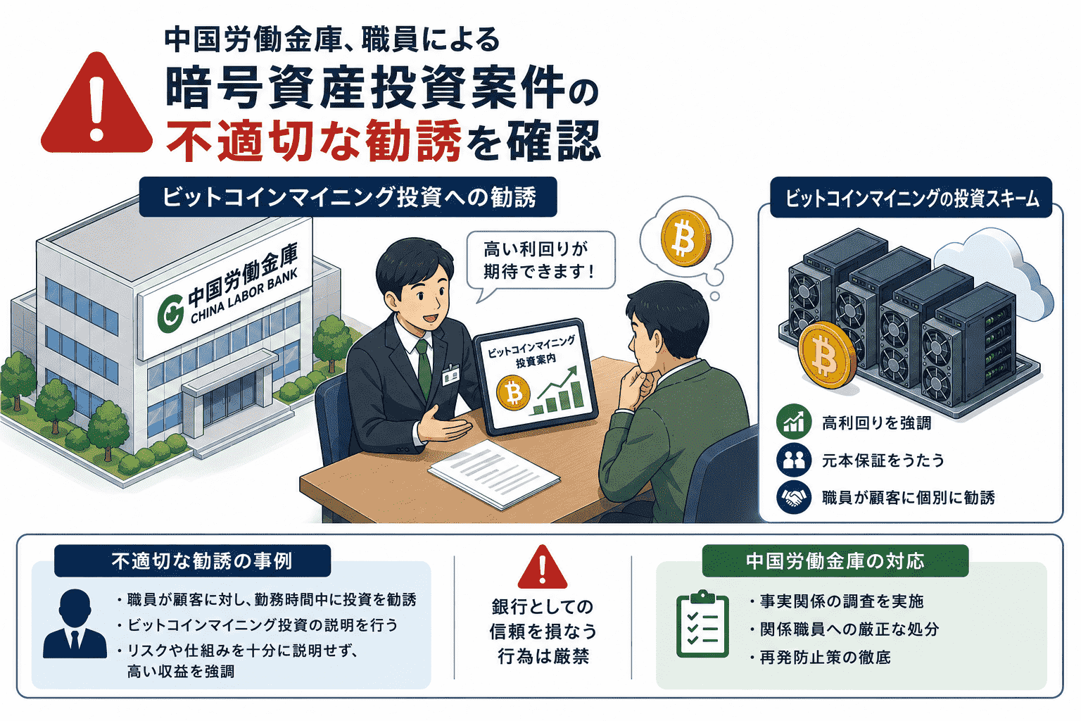 中国労働金庫、職員による暗号資産投資案件の不適切な勧誘を確認-ビットコインマイニング 投資への勧誘