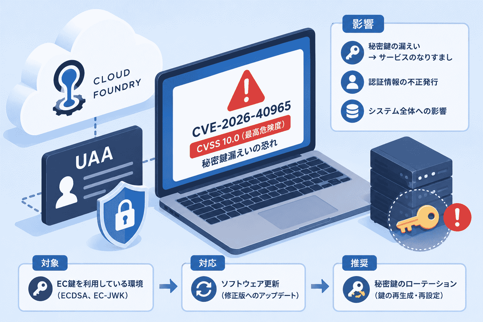 Cloud Foundry UAAにCVSS 10.0の秘密鍵漏えいの恐れがある脆弱性 CVE-2026-40965、EC鍵利用環境は更新と鍵ローテーションを