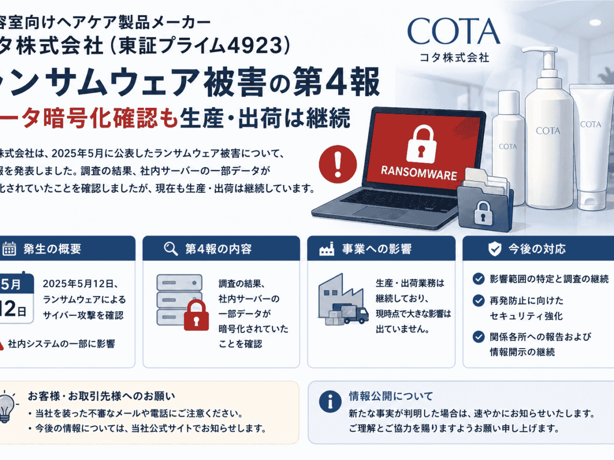 美容室向けヘアケア製品メーカー・コタ株式会社（東証プライム4923）が 