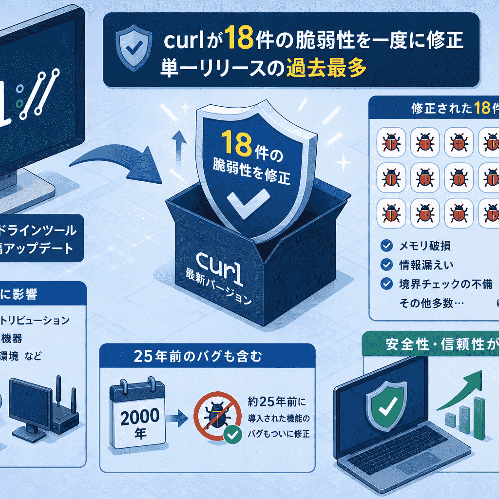 curlが18件の 脆弱性を一度に修正し単一リリースの過去最多、25年前の