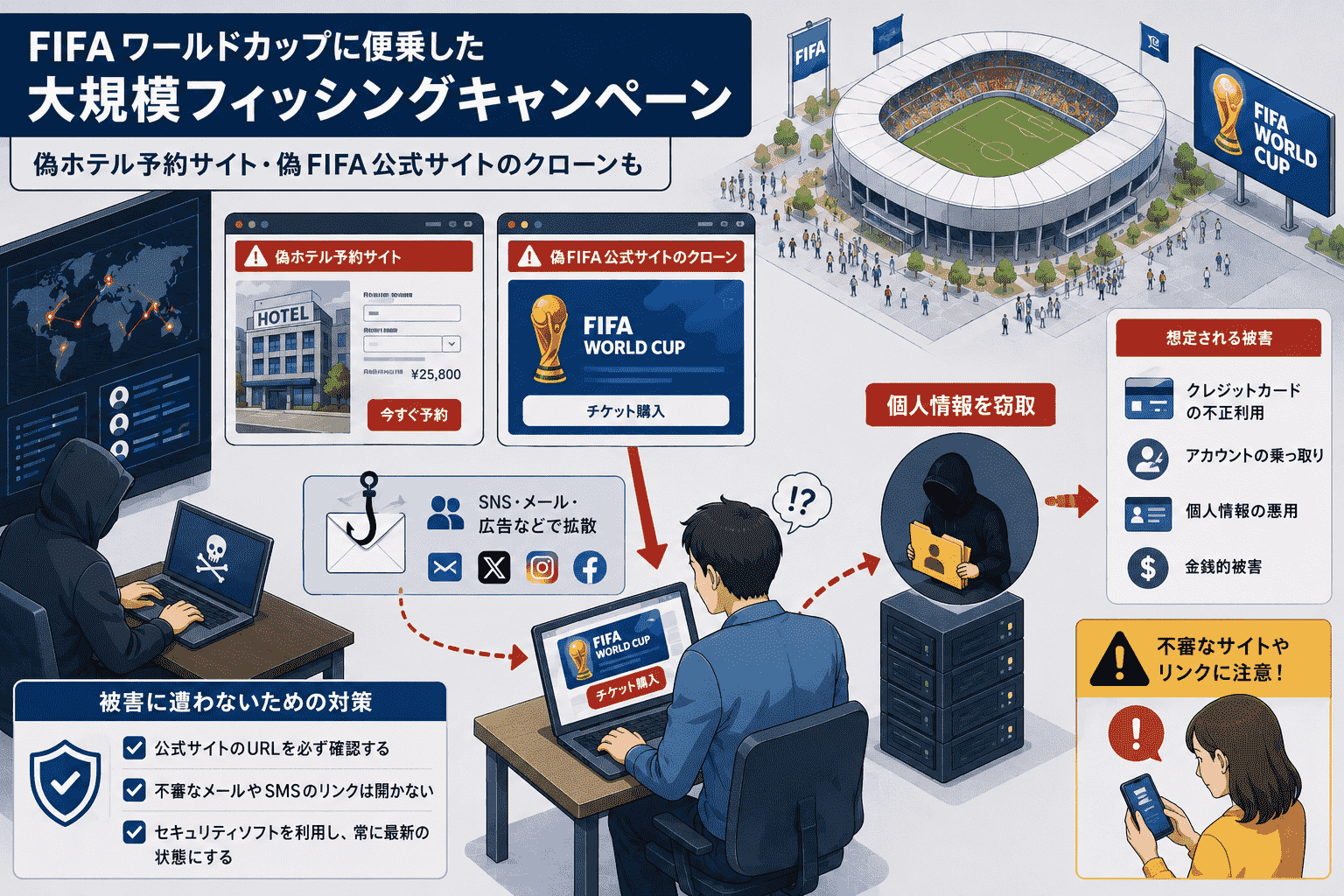 FIFA ワールドカップに便乗した大規模 フィッシング キャンペーン、偽ホテル予約サイト・偽FIFA公式サイトのクローンも