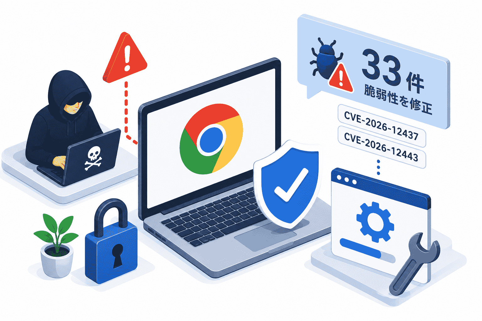 Google、Chromeの脆弱性 33件を修正(CVE-2026-12437,CVE-2026-12443)他