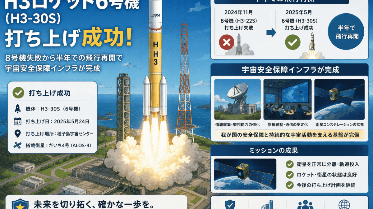 H3ロケット6号機（H3-30S）打ち上げ成功-8号機失敗から半年での飛行