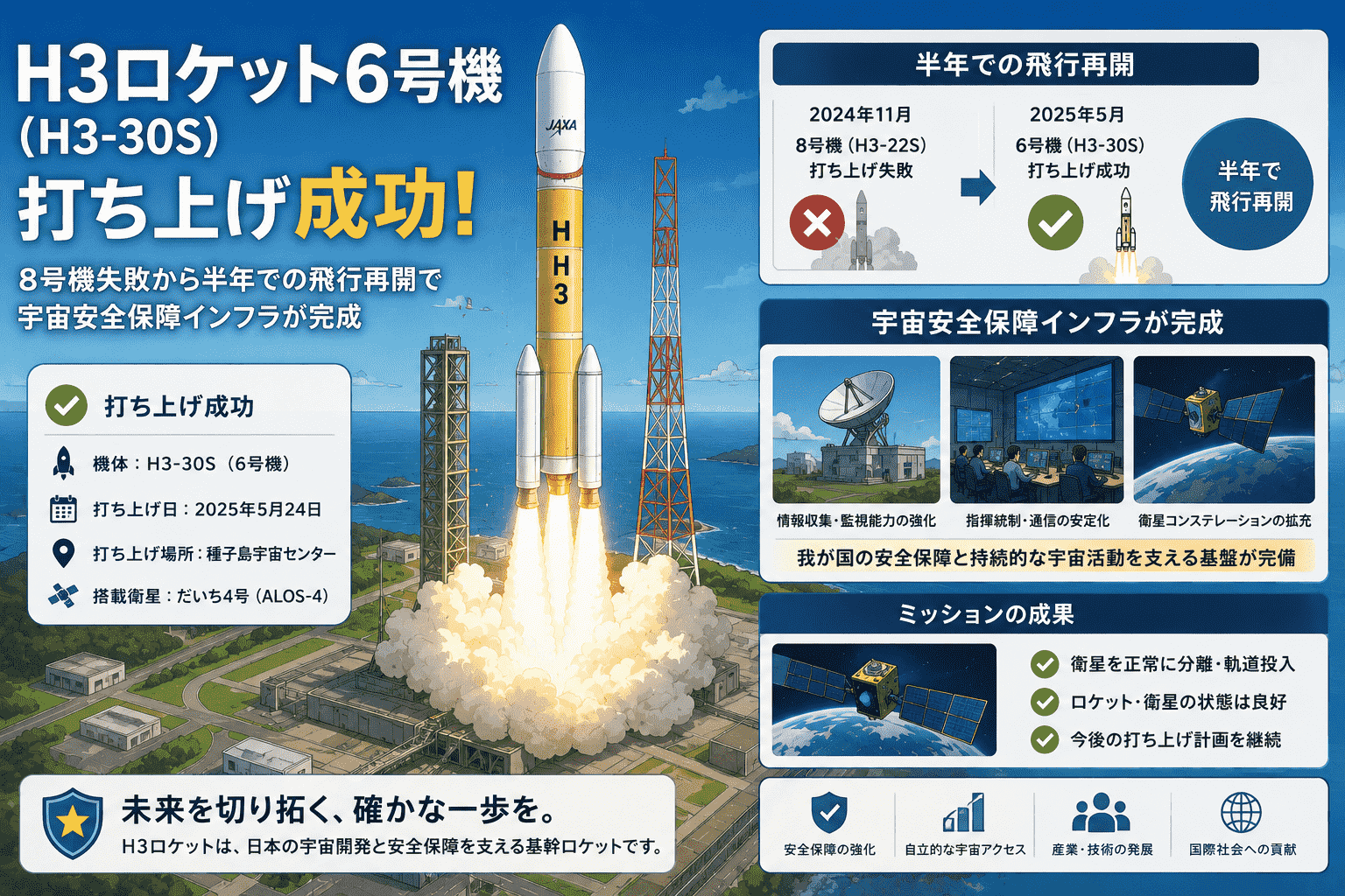 H3ロケット6号機（H3-30S）打ち上げ成功-8号機失敗から半年での飛行再開で宇宙安全保障インフラが完成