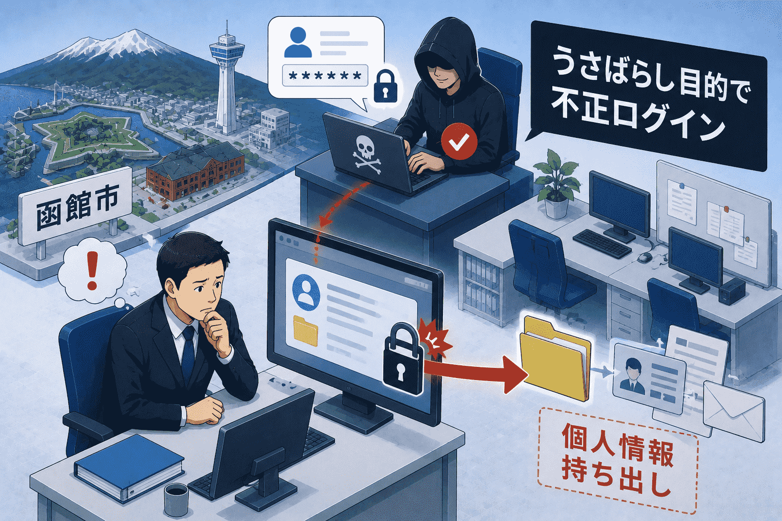 北海道函館市でうさばらし目的の同僚PCへ不正ログインし個人情報 持ち出し