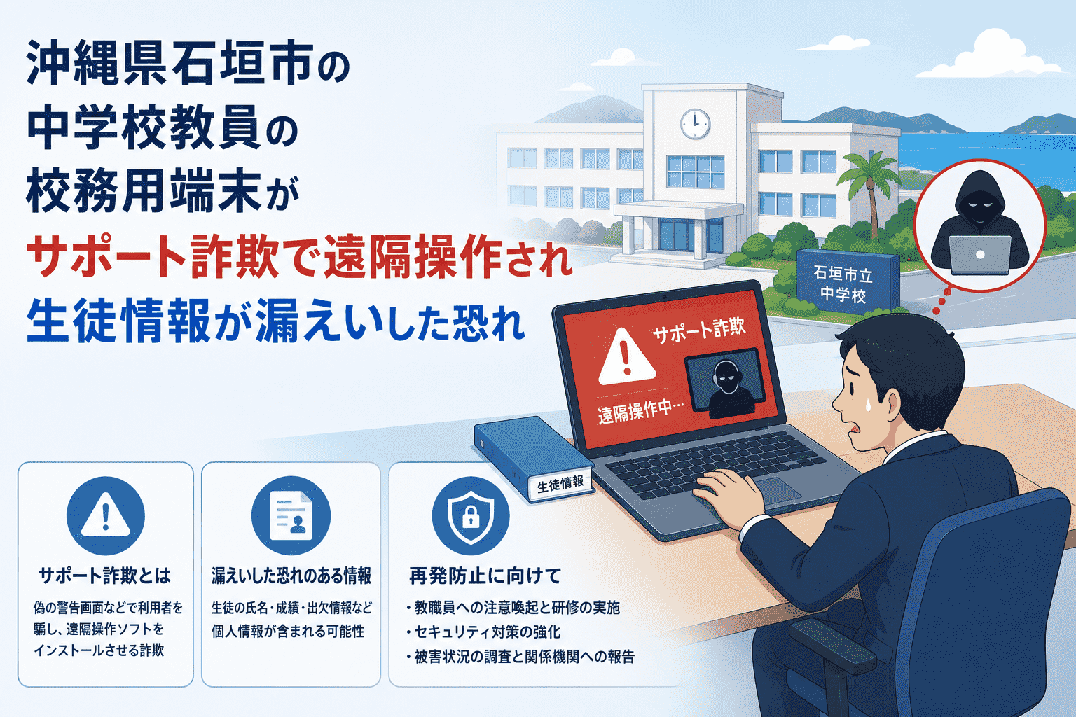 沖縄県石垣市の中学校教員の校務用端末がサポート詐欺で遠隔操作され生徒情報が漏えいした恐れ