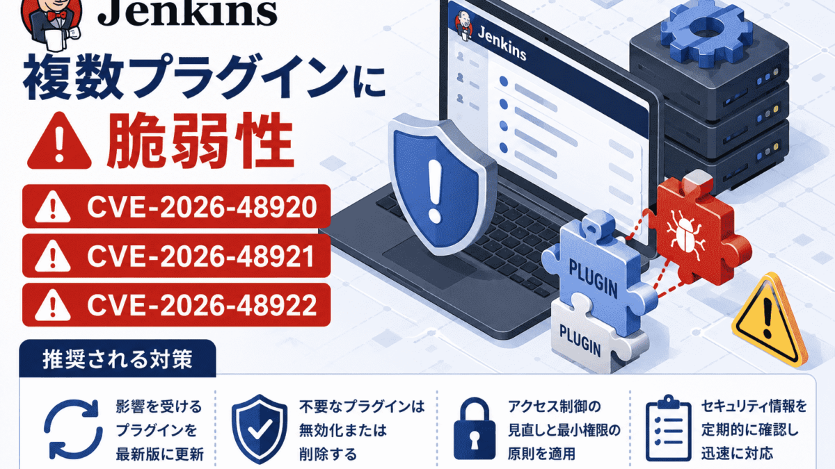 Jenkinsの複数プラグインに脆弱性(CVE-2026-48920,CVE-2026-48921,CVE