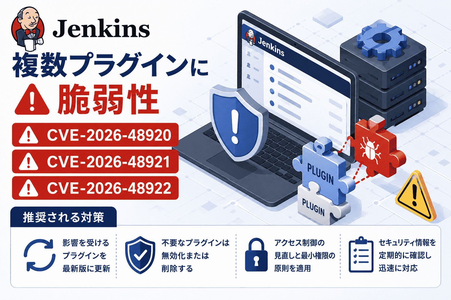 Jenkinsの複数プラグインに脆弱性(CVE-2026-48920,CVE-2026-48921,CVE