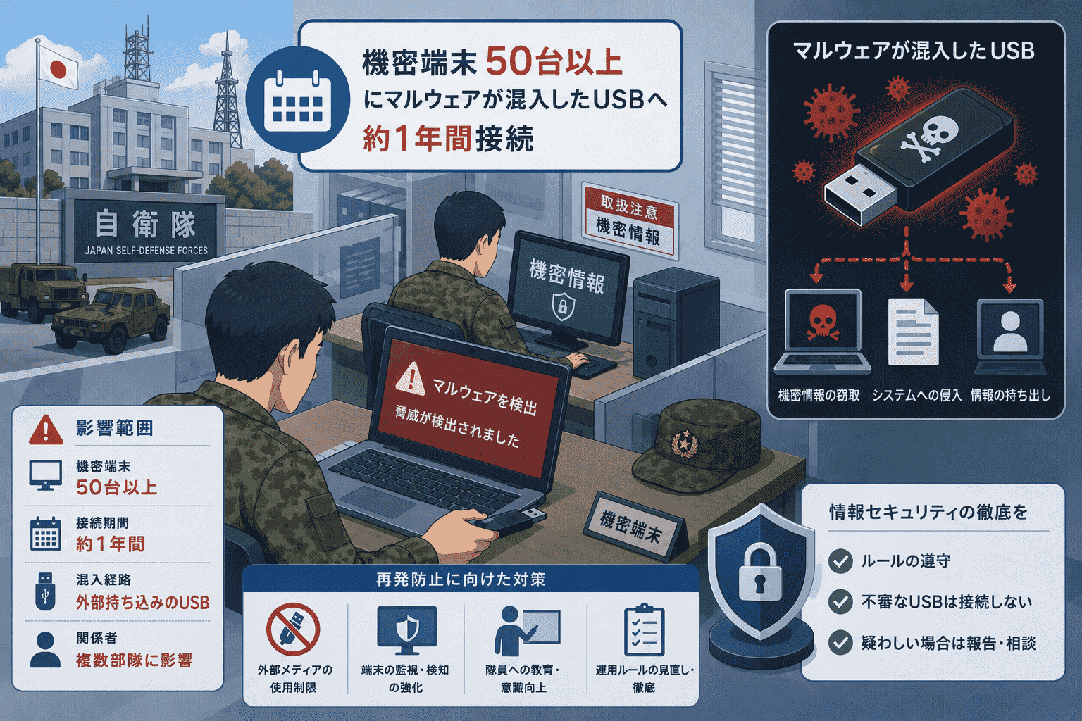 自衛隊、機密端末50台以上にマルウェアが混入したUSBへ約1年間接続