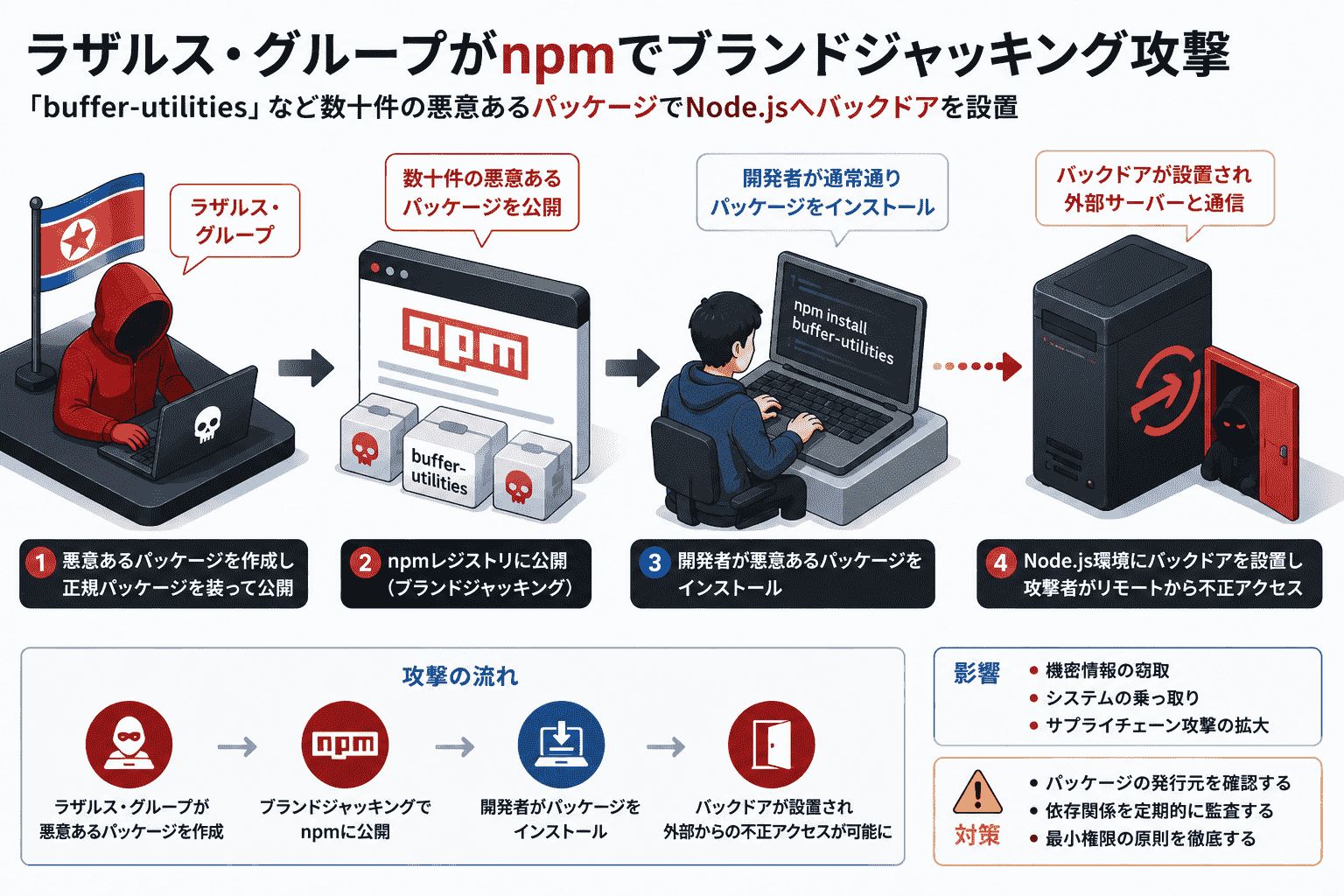 ラザルス・グループがnpmでブランドジャッキング攻撃-「buffer-utilities」など数十件の悪意あるパッケージでNode.jsへバックドアを設置