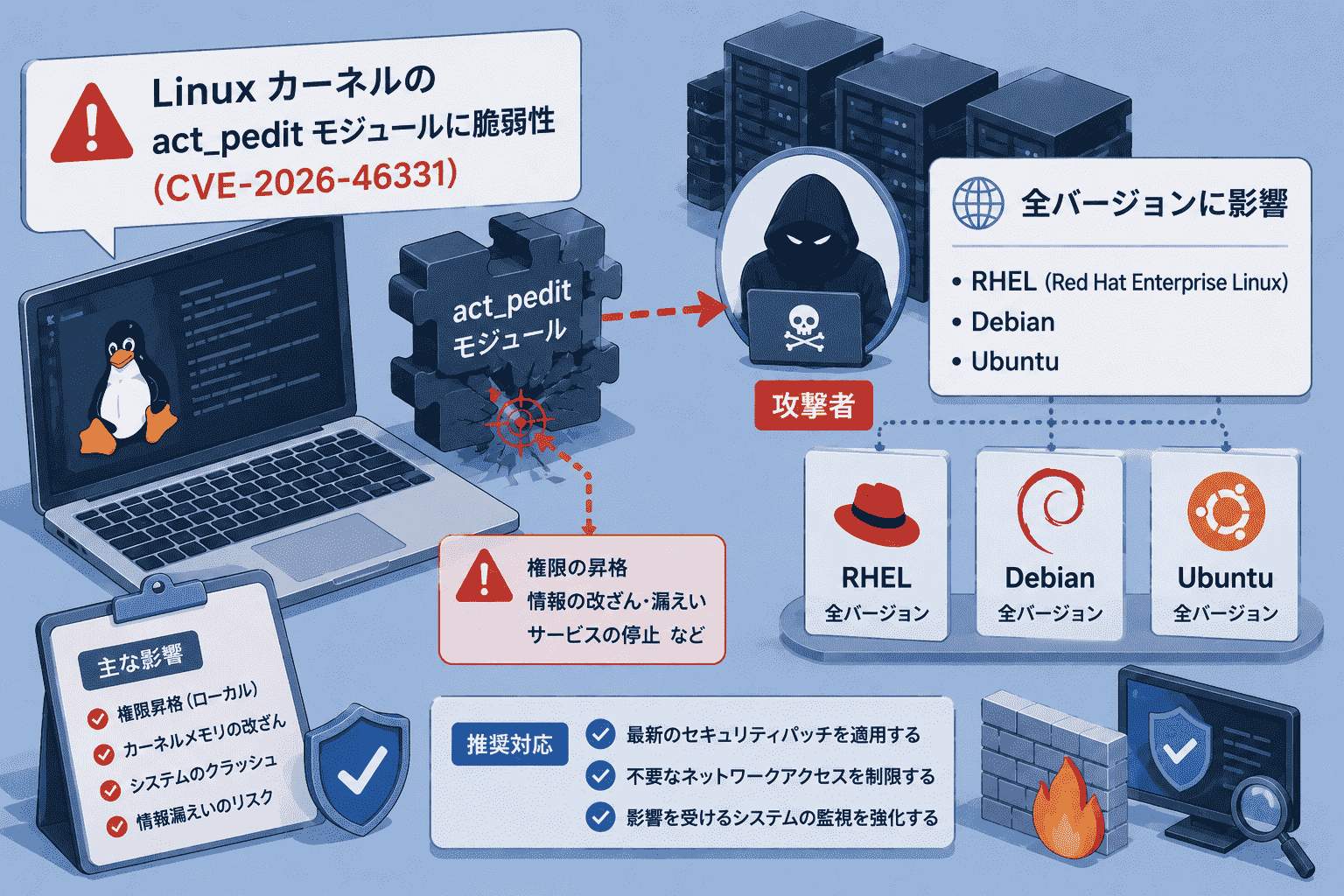 Linux カーネルの act_pedit モジュールに脆弱性(CVE-2026-46331)-RHEL・Debian・Ubuntu 全バージョンに影響