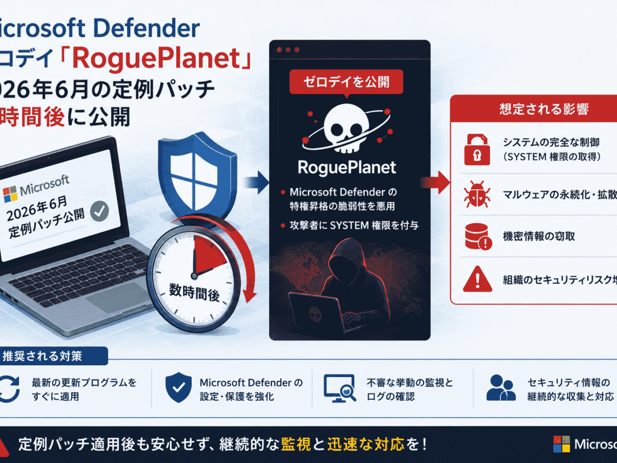 Microsoft Defenderのゼロデイ「RoguePlanet」が2026年6月の定例パッチ