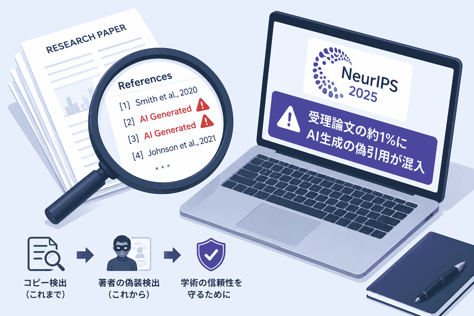 NeurIPS 2025 受理論文にAI生成の偽引用が混入- 学術不正がコピー検出から「著者の偽装」検出へ
