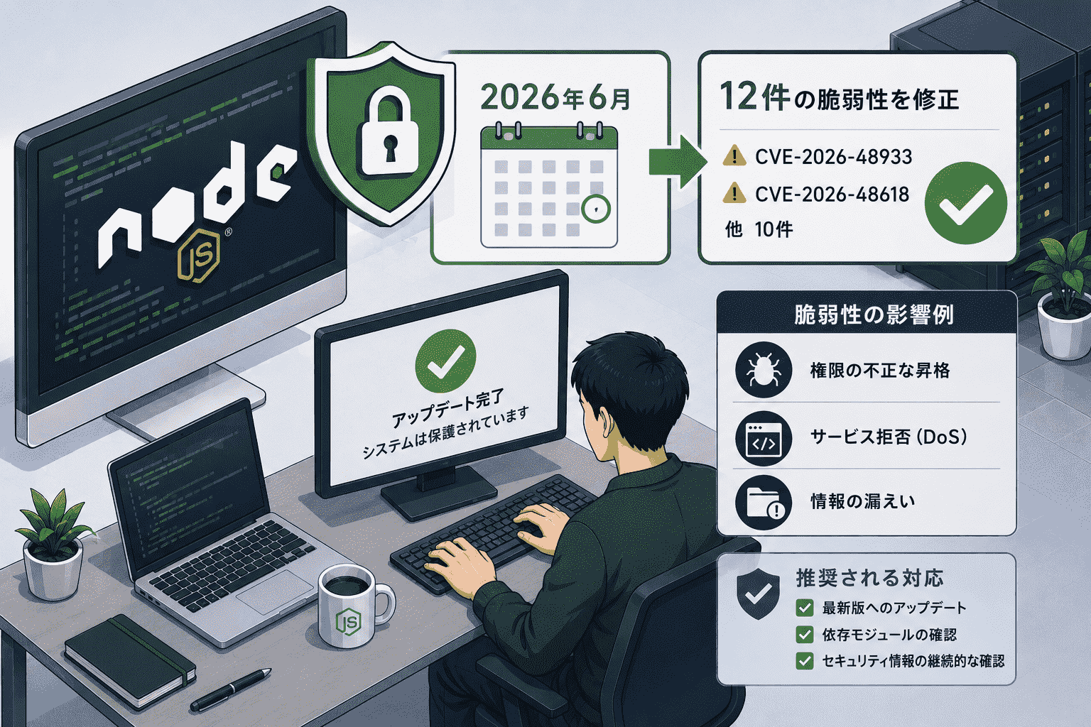 Node.js、2026年6月のセキュリティリリースで12件の脆弱性を修正(CVE-2026-48933,CVE-2026-48618)他