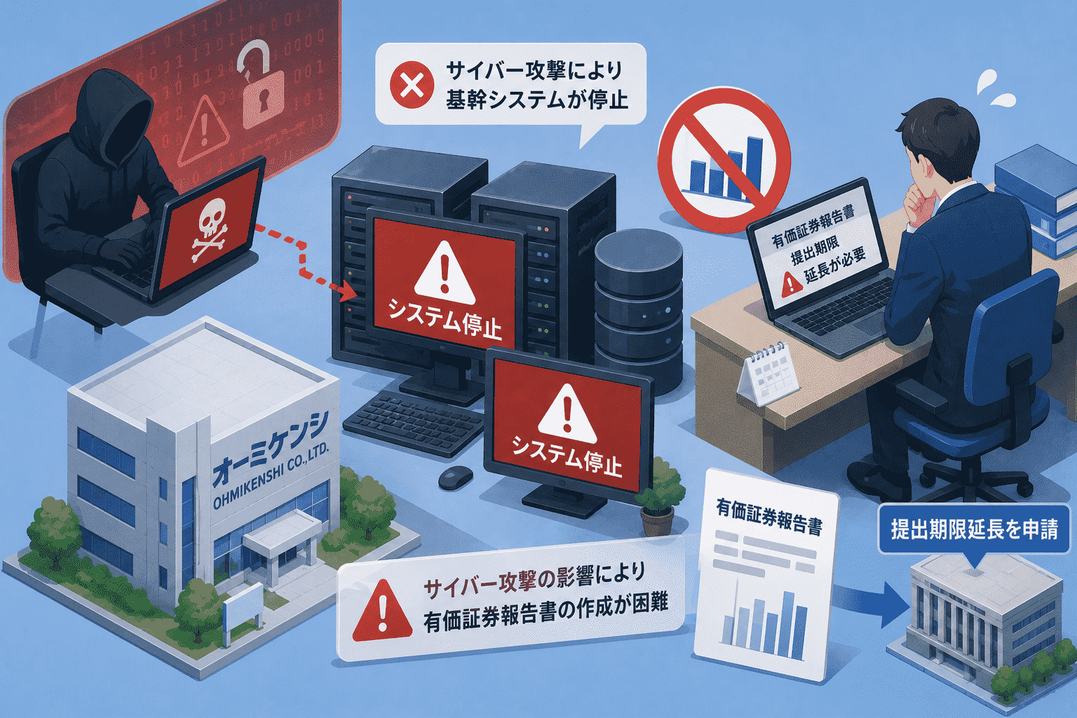 オーミケンシ、サイバー攻撃による基幹システム停止で有価証券報告書の提出期限延長を申請