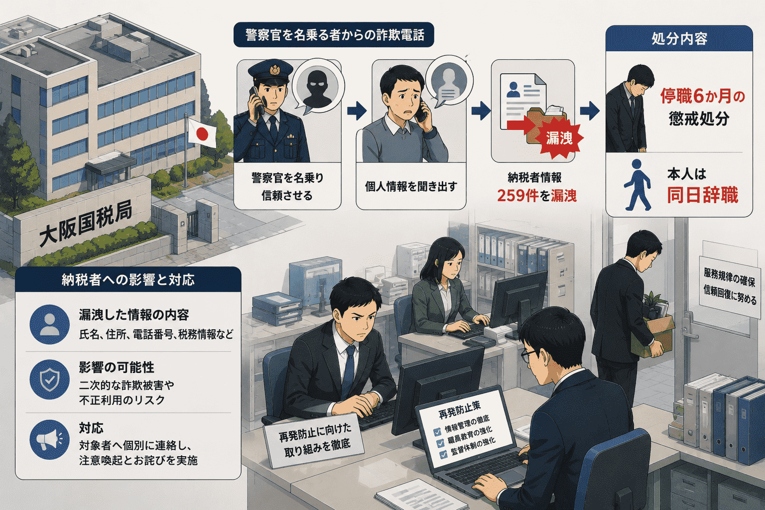 大阪国税局、警察官なりすまし詐欺で納税者情報259件を漏洩した職員を停職6か月の懲戒処分-本人は同日辞職