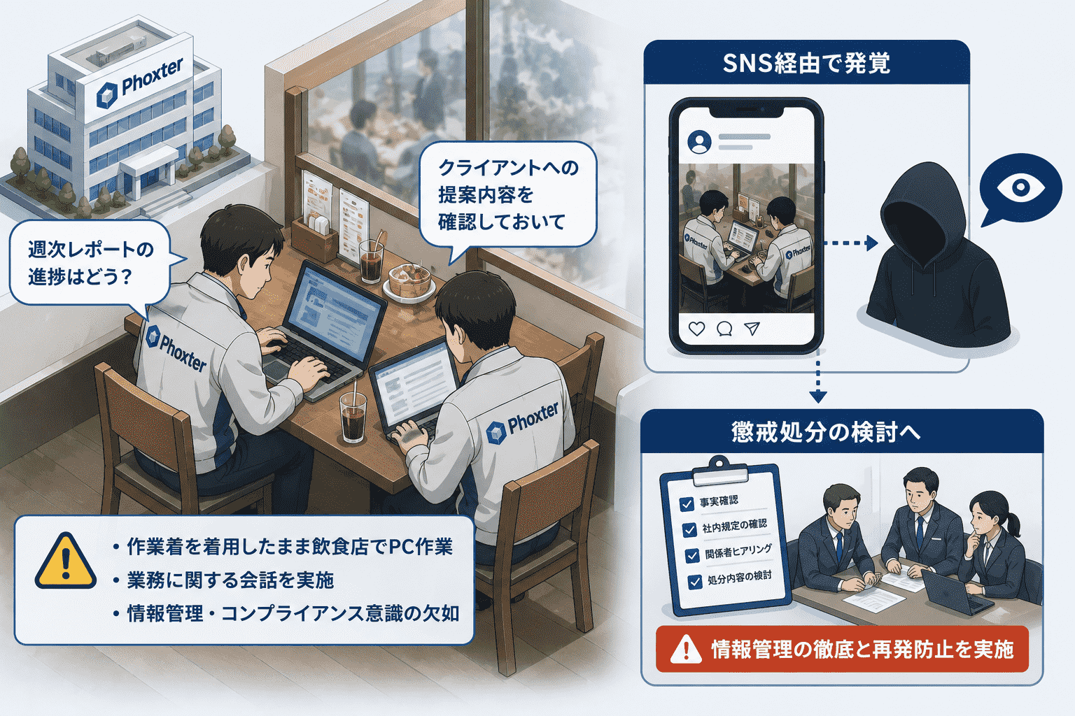 Phoxter、作業着着用の従業員2名が飲食店でPC作業・業務会話-SNS経由で発覚 懲戒処分の検討へ