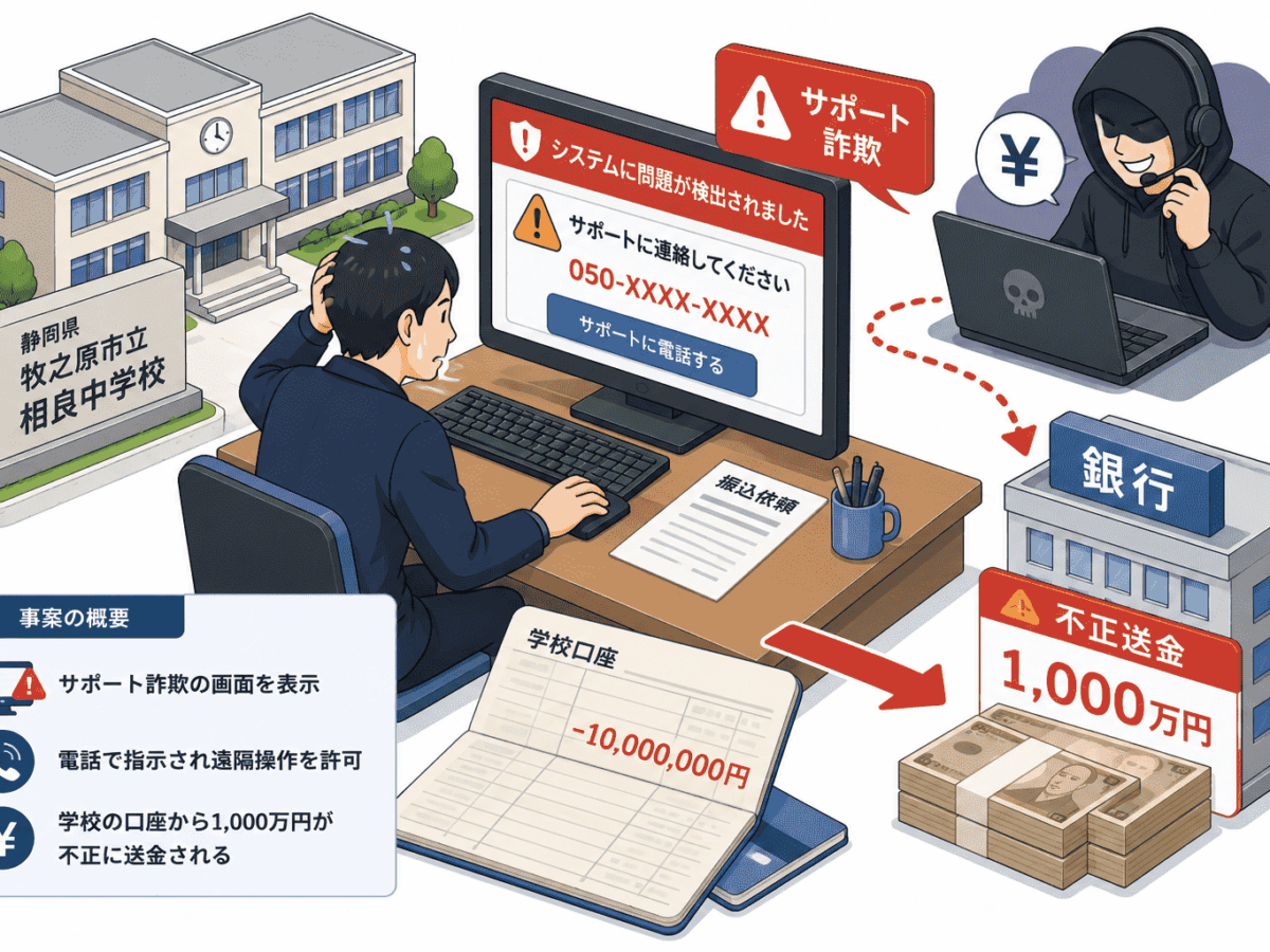 静岡県牧之原市立相良中学校でサポート詐欺、学校口座から1,000万円