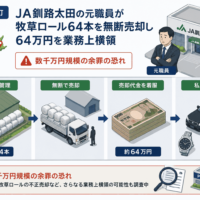 北海道 厚岸町 JA釧路太田の元職員が牧草ロール64本を無断売却し64万円を業務上横領-数千万円規模の余罪の恐れ