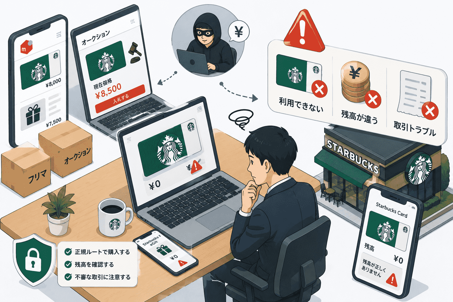 スターバックス カードやStarbucks eGiftの不正利用に注意、フリマ・オークション購入で利用不能や残高相違のトラブル