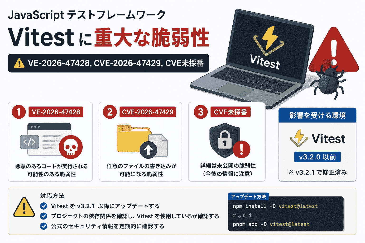 JavaScript テストフレームワーク Vitestに重大な脆弱性(VE-2026-47428,CVE-2026-47429,CVE未採番)