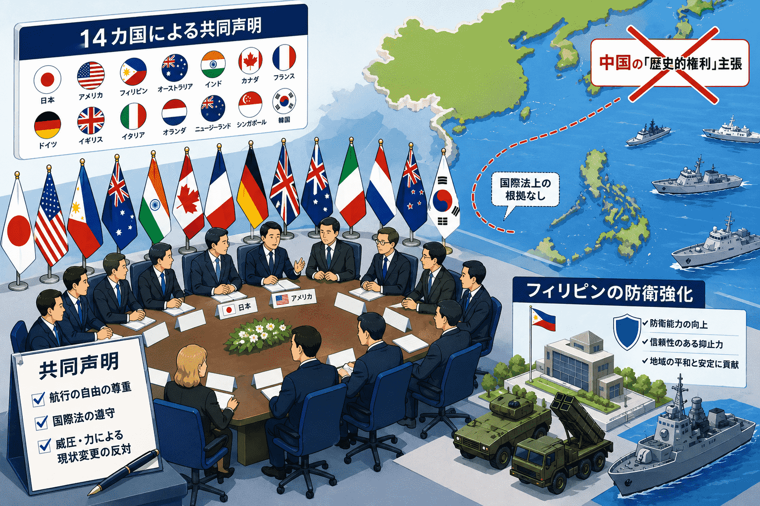 日米比など14カ国が共同声明-中国の「歴史的権利」主張を改めて否定、比の防衛強化とも連動