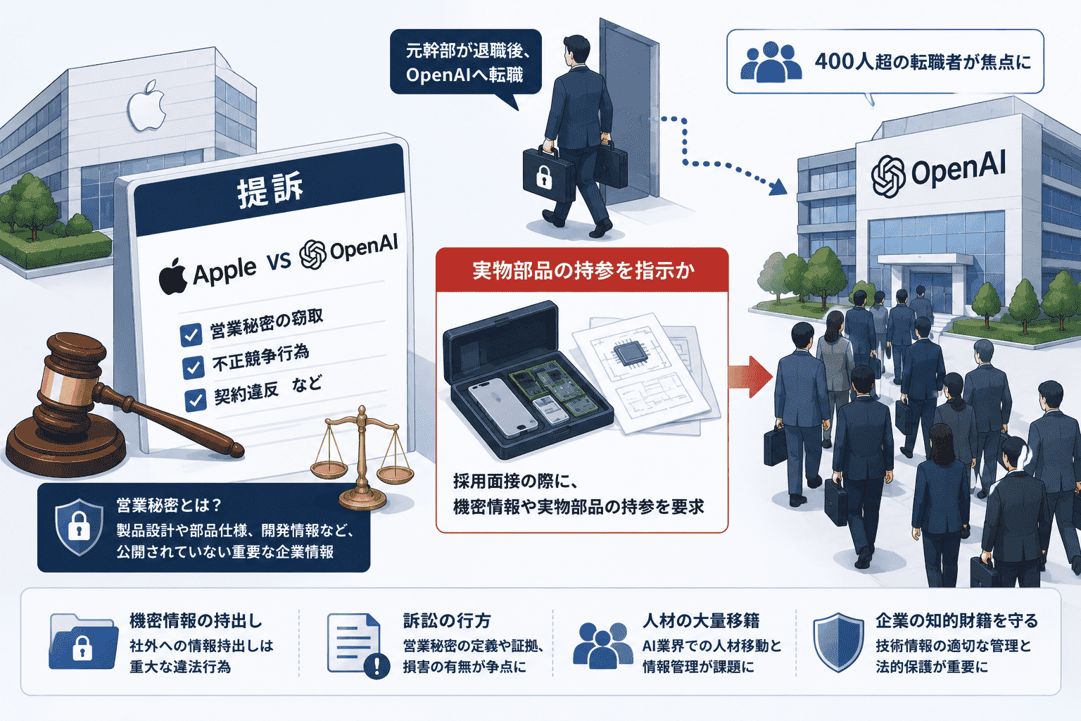 AppleがOpenAIを営業秘密窃取で提訴-元幹部が採用面接で「実物部品持参」を指示か、400人超の転職者が焦点に