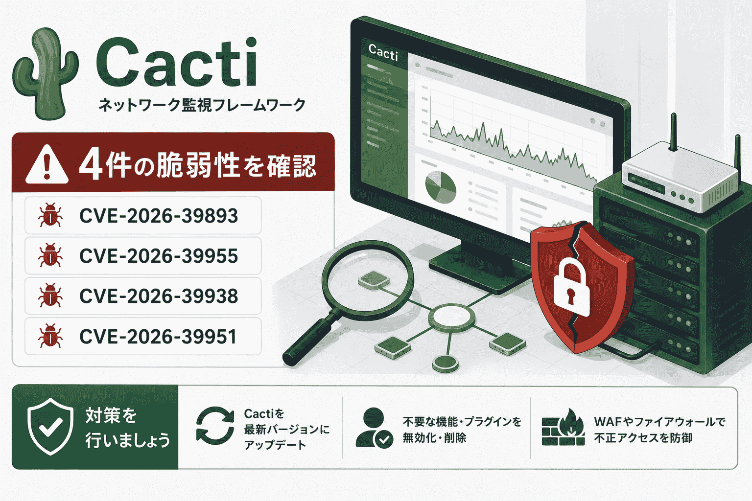 ネットワーク監視フレームワーク Cactiに4件の脆弱性(CVE-2026-39893・CVE-2026-39955・CVE-2026-39938・CVE-2026-39951)
