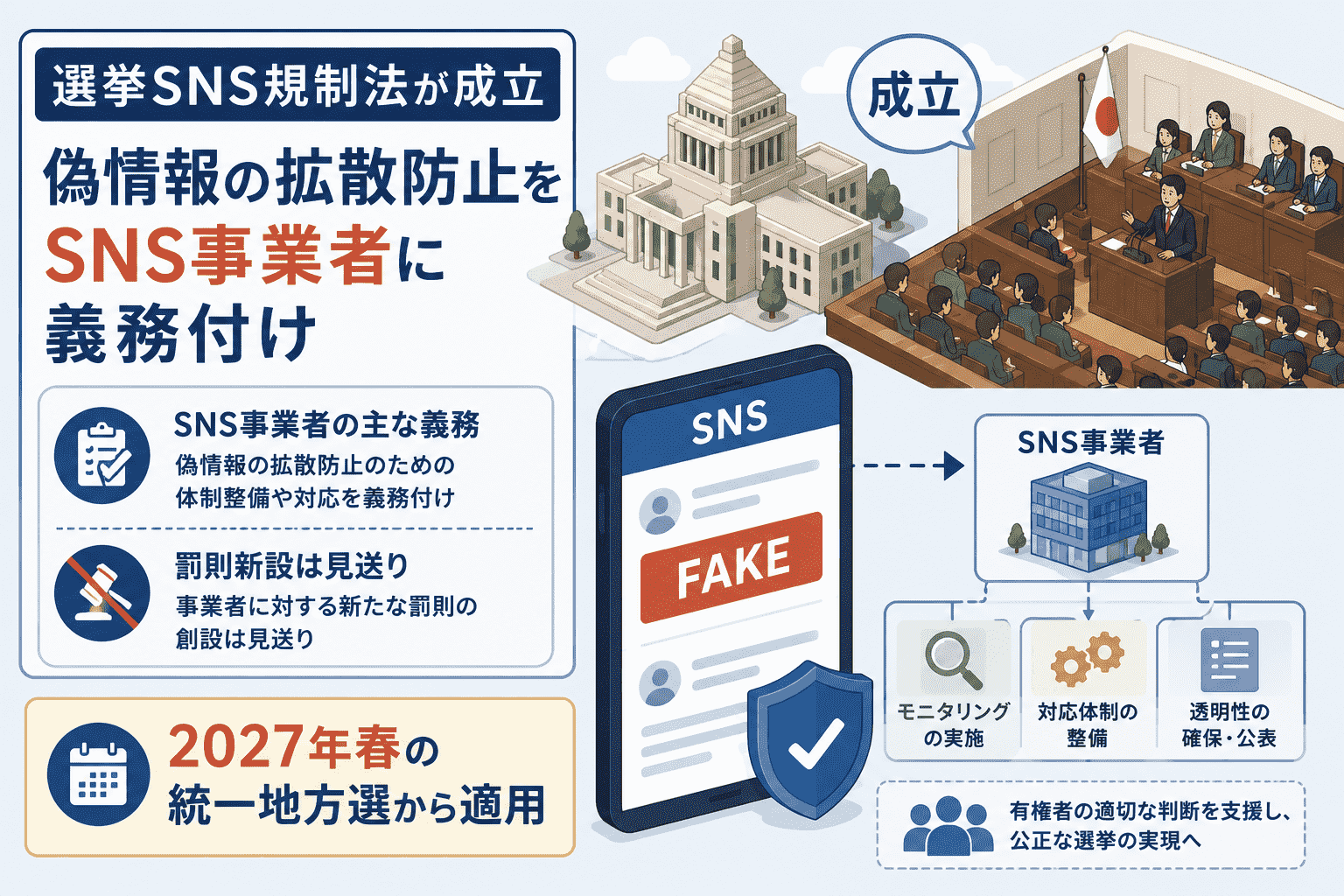 選挙SNS規制法が成立、偽情報の拡散防止をSNS事業者に義務付け-罰則新設は見送り、2027年春の統一地方選から適用