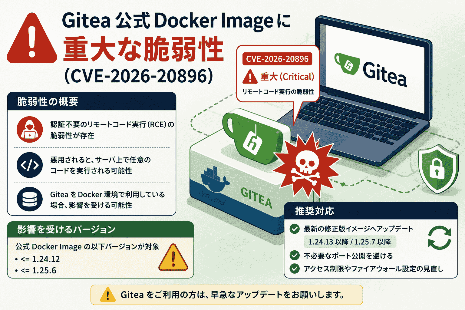 Gitea 公式 Docker Imageに重大な脆弱性(CVE-2026-20896)