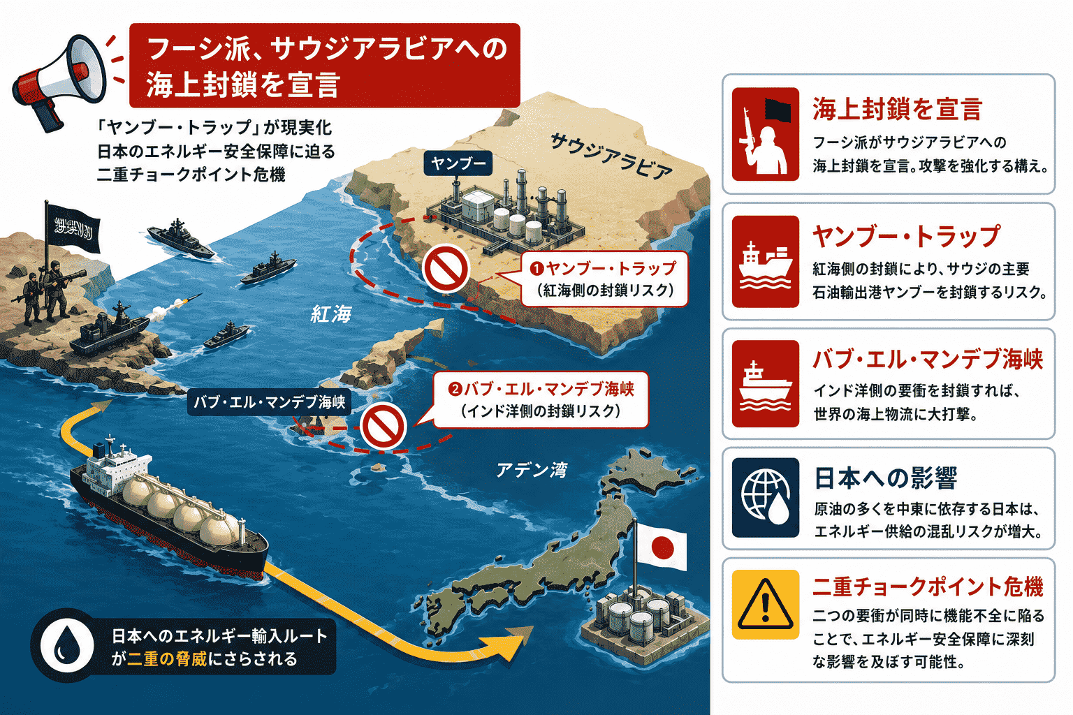 フーシ派、サウジアラビアへの海上封鎖を宣言-ヤンブー・トラップが現実化、日本のエネルギー安全保障に迫る二重チョークポイント危機