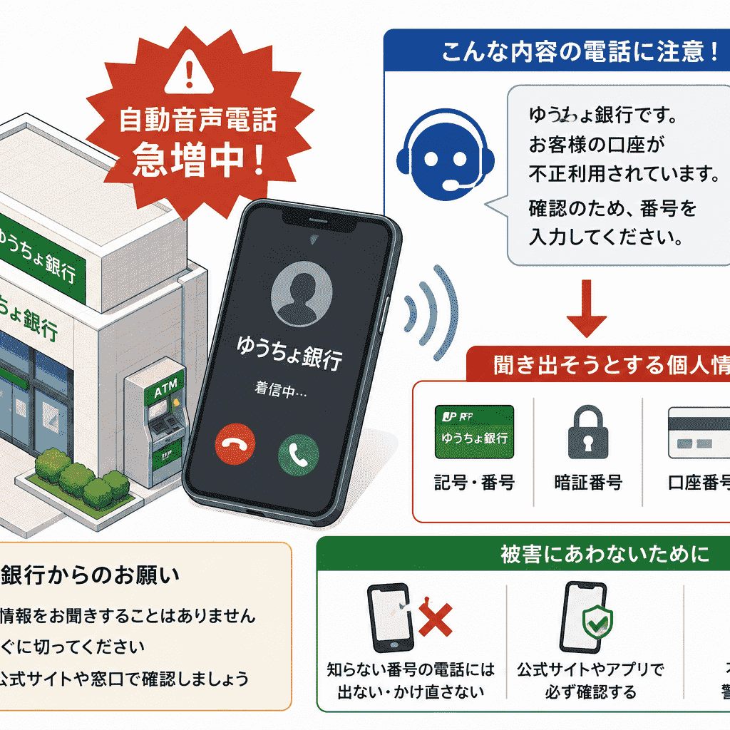 ゆうちょ銀行　目覚ましボイスクロック ゆうちょ銀行をかたる自動音声電話が急増、個人情報を聞き出す手口に